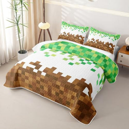 Pixelated Theme Quilt Bedding Set Full Brown Green Geometric Patchwork Kids Bedspread