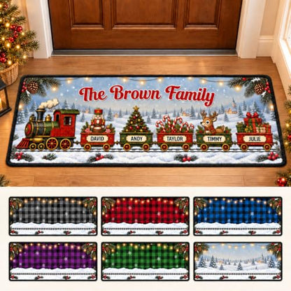 Holiday Family Train Entryway Rug with Custom Names and Numbers - Christmas Decor