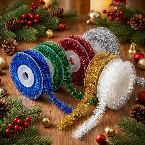 79Ft Multicolor Christmas Tinsel Ribbon Set - 6 Colors, Metallic Wire Garland