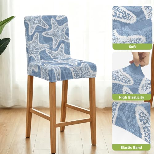 Blue Nautical Starfish Bar Stool Covers Set of 6 - Coastal Stretch Dining Chair Slipcovers