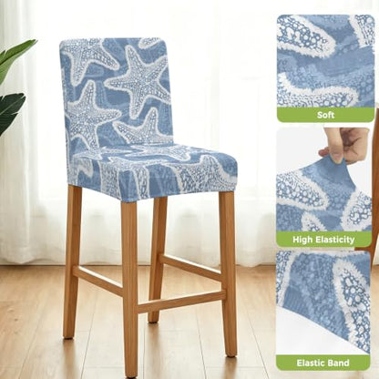 Blue Nautical Starfish Bar Stool Covers Set of 6 - Coastal Stretch Dining Chair Slipcovers