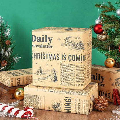 Christmas Newspaper Wrapping Paper Roll - Kraft Gift Wrap with Festive Headlines, 30 in x 32.8 ft, Vintage Holiday Design