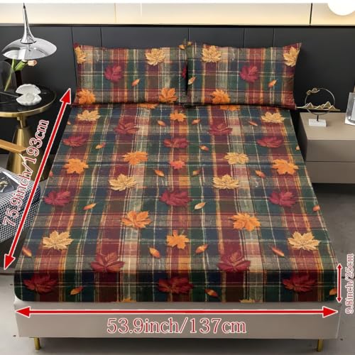 Autumn Plaid Maple Leaf Queen Fitted Sheet Set with Pillowcases - Fall Bedroom Decor