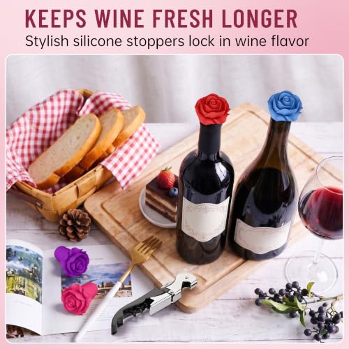Rose 5-Pack Silicone Wine Stopper Set with Bottle Opener - Airtight & Leakproof
