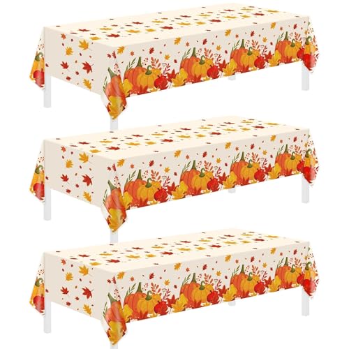 Thanksgiving Disposable Tablecloths Pumpkin Maple Leaf Pattern 3 Pack 54x108 Inches - Fall Party Decor