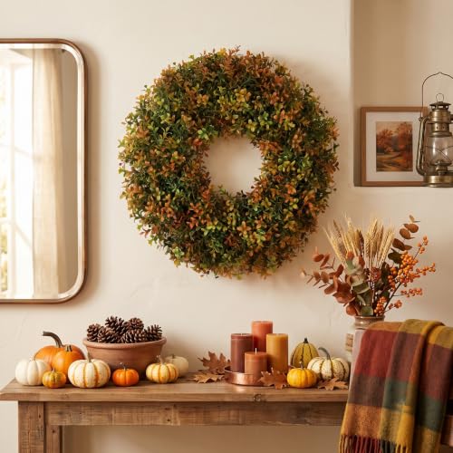 Boxwood Fall Wreath for Front Door - 24in Artificial Autumn Decor, Farmhouse Outdoor Seasonal Decoration
