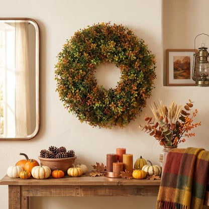 Boxwood Fall Wreath for Front Door - 24in Artificial Autumn Decor, Farmhouse Outdoor Seasonal Decoration