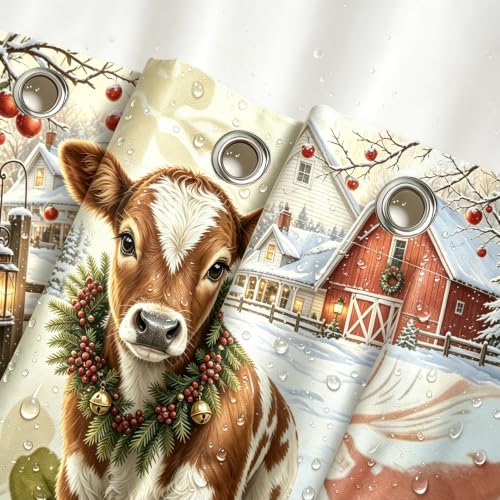 Christmas Farm Cow Snowy Farmhouse Shower Curtain - Rustic Holiday Decor - 72x72 Inches - Variation of THIS Listing