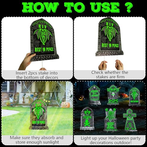 6 Pack Halloween Glow in The Dark Tombstones Decorations with Stakes - Large 16.5x10 Inch Outdoor Cemetery Props