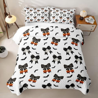 Halloween Kids Bedspread Quilt Set - Orange Black White Full Size with Bow Ghost Pumpkins