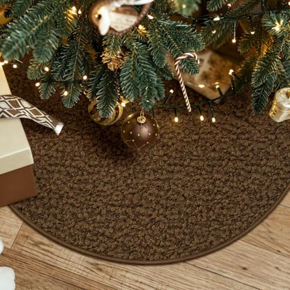 Christmas Embossing Tree Skirt Rug 48 Inch Brown with Floral Pattern - Chocolate Brown