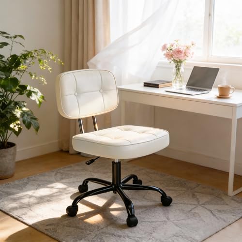 Armless Office Desk Chair with Wheels - Ivory White, 21.5"D Small Vanity Chair