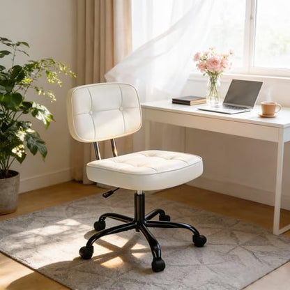 Armless Office Desk Chair with Wheels - Ivory White, 21.5"D Small Vanity Chair