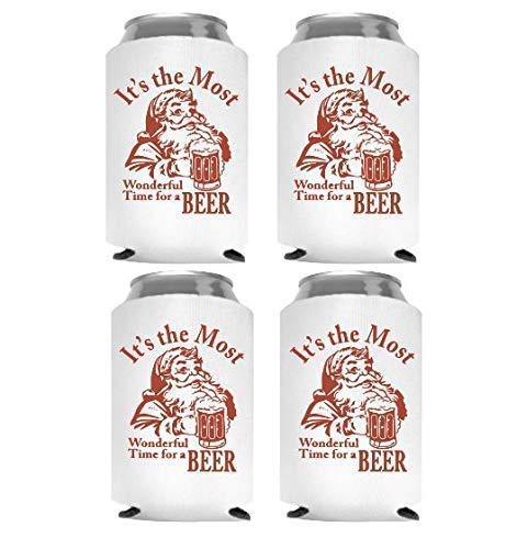 Christmas Beer Can Cooler Set - Funny Stocking Stuffer for Men & Women (4 Pack)