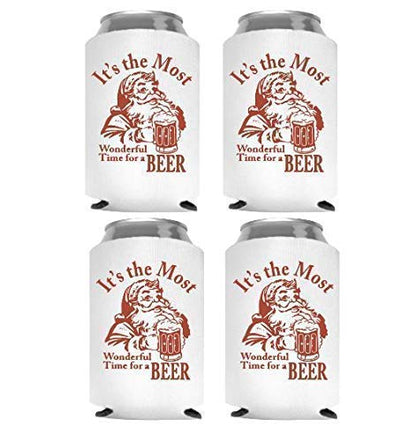 Christmas Beer Can Cooler Set - Funny Stocking Stuffer for Men & Women (4 Pack)