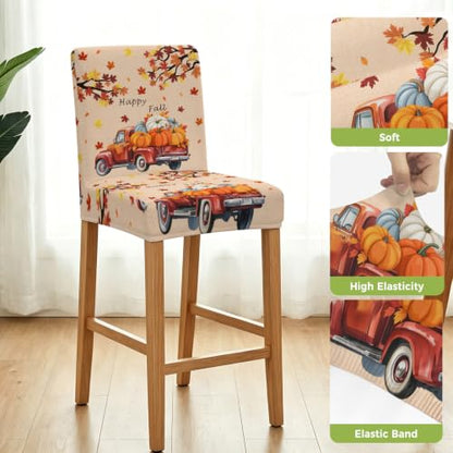 Fall Bar Stool Covers Set of 2 - Harvest Pumpkin Truck & Maple Leaves - Red Orange