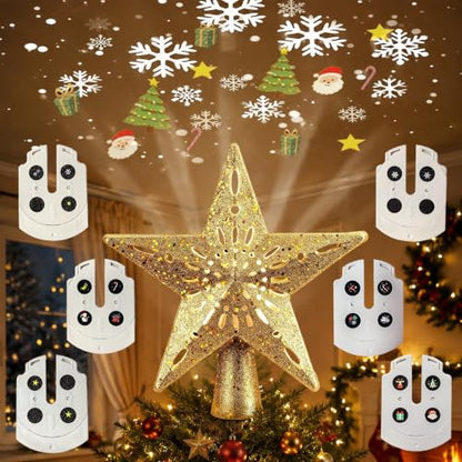 Gold Christmas Star Tree Topper with LED Projector, 6 Projection Modes