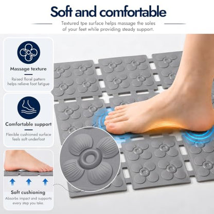 Non Slip Shower Mat 31.5 x 16 Inches Grey - TPE Bath Mat with Suction Cups