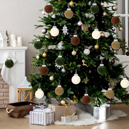 Christmas Velvet Ball Ornaments Set - Brown & Green 2.36 Inch Bulk Decorations