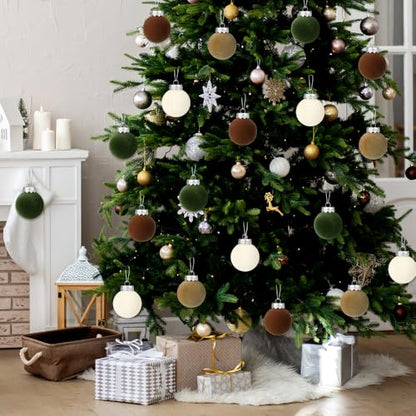Christmas Velvet Ball Ornaments Set - Brown & Green 2.36 Inch Bulk Decorations