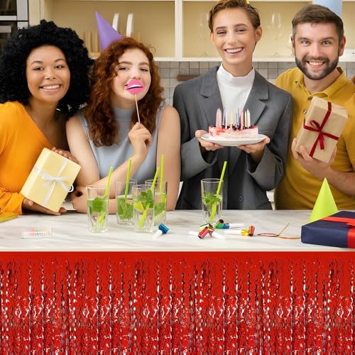 Red Foil Fringe Table Skirt 29x108 Inches Party Decorations for Weddings, Mardi Gras & Events - 6 Pack