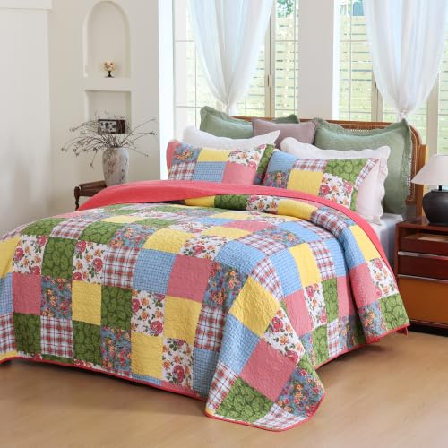 Queen Size Floral Patchwork Cotton Quilt Set with Pillow Shams - Red Yellow