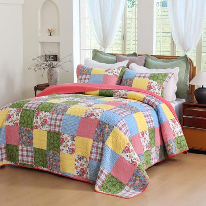 Queen Size Floral Patchwork Cotton Quilt Set with Pillow Shams - Red Yellow