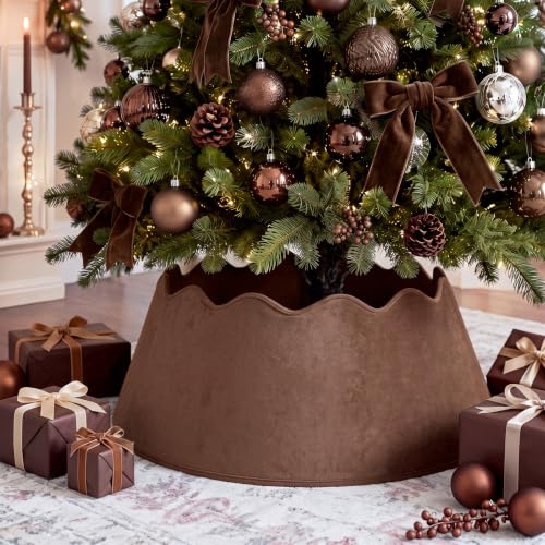 Brown Velvet Christmas Tree Collar 28 Inch with Scalloped Edge - Holiday Decor