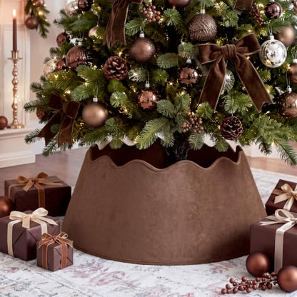 Brown Velvet Christmas Tree Collar 28 Inch with Scalloped Edge - Holiday Decor