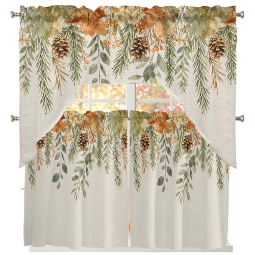 Fall Leaf Swag Kitchen Curtains Set - Beige, Sage Green, Cinnamon, Flax - 3 Pieces