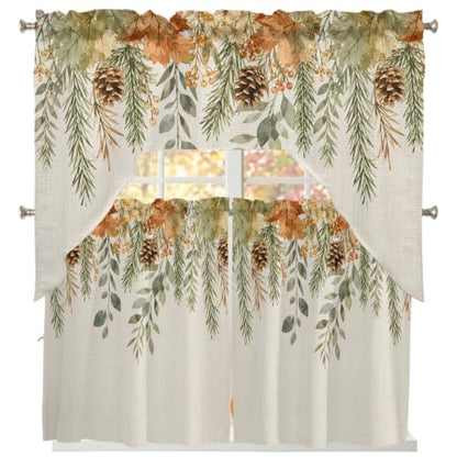 Fall Leaf Swag Kitchen Curtains Set - Beige, Sage Green, Cinnamon, Flax - 3 Pieces