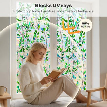 Privacy Window Film Green Leaf Pattern 17.5 x 78.7 Inch - Blurred Glass Cover