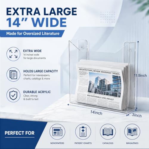 14 Inch Acrylic Brochure Holder Display Stand - Clear Wall Mount & Countertop