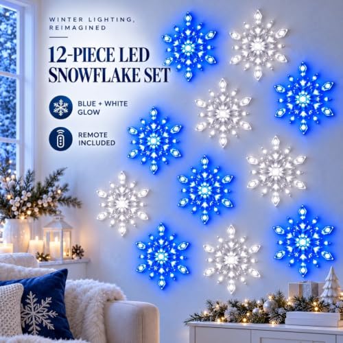 LED Snowflake Wall Decor Set with Remote Control - White, 12 Pieces - Christmas Holiday Lighting