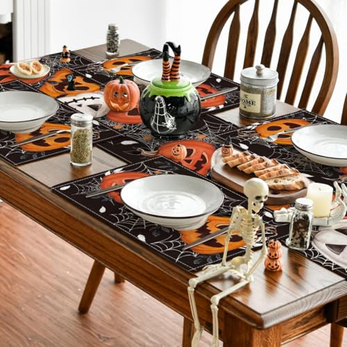 Black Pumpkin Spider Web Halloween Placemats Set of 4 - 12 x 18 Inch Seasonal Fall Table Decor