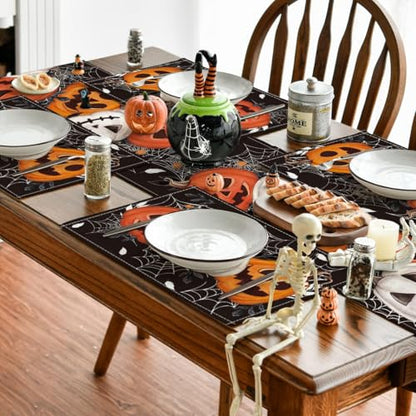 Black Pumpkin Spider Web Halloween Placemats Set of 4 - 12 x 18 Inch Seasonal Fall Table Decor