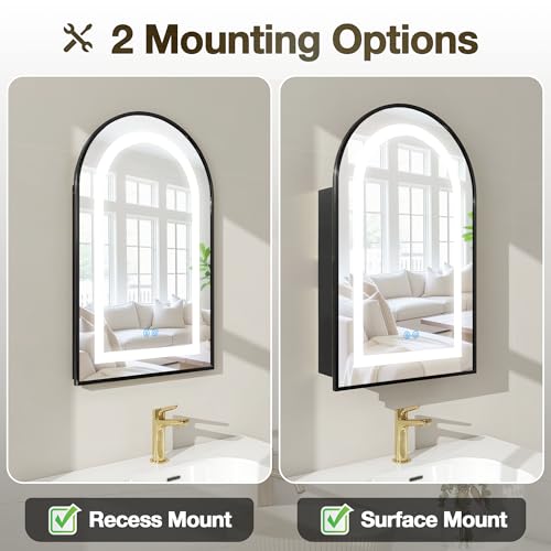LED Illuminated Bathroom Medicine Cabinet with Anti-Fog Mirror - Recessed or Surface Mount, Black, 29.5"H x 15.7"W
