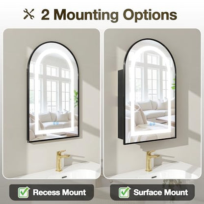 LED Illuminated Bathroom Medicine Cabinet with Anti-Fog Mirror - Recessed or Surface Mount, Black, 29.5"H x 15.7"W