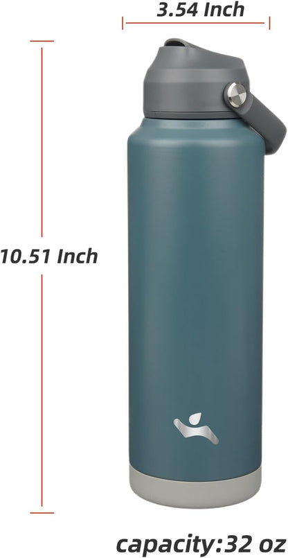 Skiennix Insulated Water Bottle - 40 Oz Stainless Steel with Straw Lid & Silicone Handle | Dark Gray