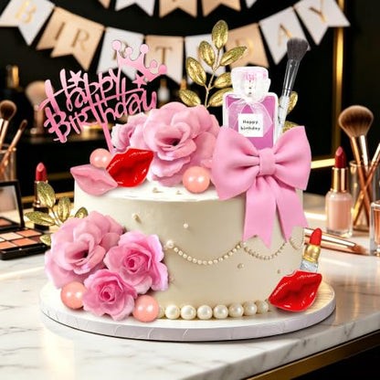 Makeup Cake Topper Set with Artificial Roses and Clay Lipstick for Birthday & Spa Parties