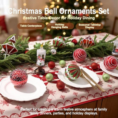 Christmas Tree Ornaments Set - Red and Gold Geometric Shatterproof Decorations, 9 pcs - Holiday Home Decor