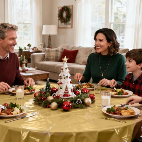Christmas Round Disposable Tablecloth 84 Inch Set of 12 - Gold Red Green Waterproof Party Supplies - B-christmas