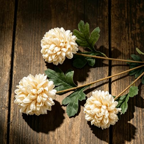Artificial Fall Flowers 27Inch Faux Pompon Mums - Mixed Colors, Set of 6