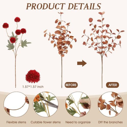 Artificial Fall Flowers with Eucalyptus - 14 Piece Silk Faux Flowers for Vase Decor