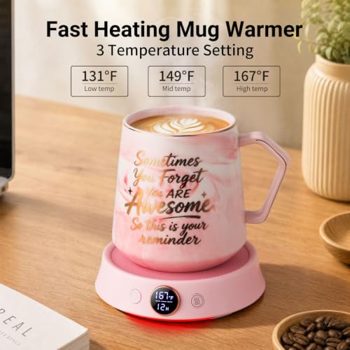 Pink Coffee Mug Warmer & Mug Set, Electric Desk Cup Warmer with Timer