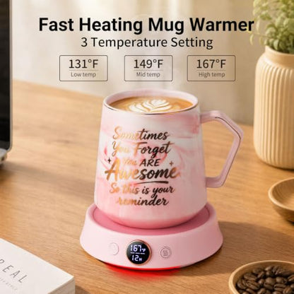 Pink Coffee Mug Warmer & Mug Set, Electric Desk Cup Warmer with Timer