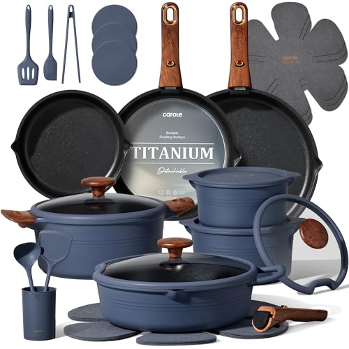 30 Pieces Titanium Cookware Set with Detachable Handles - Oven Safe, Nonstick Pots and Pans