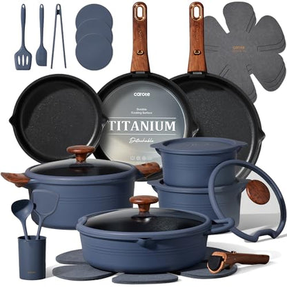 30 Pieces Titanium Cookware Set with Detachable Handles - Oven Safe, Nonstick Pots and Pans