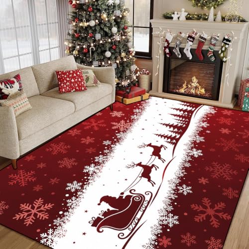 Christmas Area Rug 6x9 ft - Red Santa Sleigh Reindeer Winter Decor - Xmas04