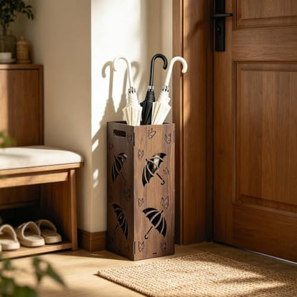 Vintage Wooden Umbrella Stand for Entryway with Butterfly Pattern - Freestanding Holder